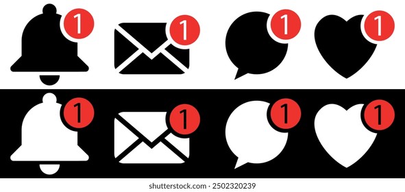 Notification bell icon set. New email message notification icon or alarm alert reminder icon sign. Love like with Notifications and chat message speech bubble icon - Web icons collection set