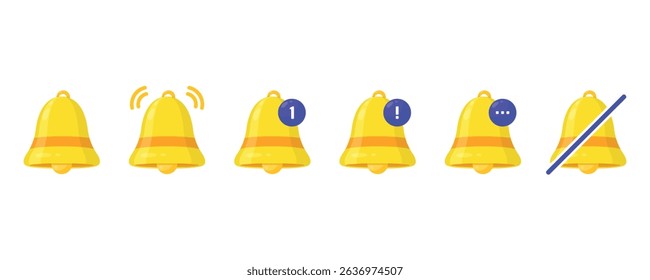 Notification bell icon set. New message notification icon. Incoming inbox message. Alarm symbol. Ringing bells, new notification for clock and smartphone, alarm alert. Vector illustration