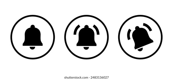 Notification bell icon set on circle line. Alert, alarm sign symbol