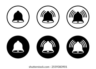 Notification bell icon set on black circle. Alarm reminder sign symbol