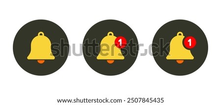 Notification bell icon set on circle background. Alert alarm sign symbol