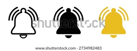 Notification bell icon set on white background. Outline, flat and colored style. Flat design.