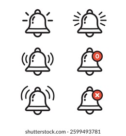 Notification bell icon set. Bell reminder notification icon collection. Alarm symbol. Ringing bells reminder icon , incoming inbox message sign
