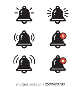 Notification bell icon set. Bell reminder notification icon collection. Alarm symbol. Ringing bells reminder icon , incoming inbox message sign