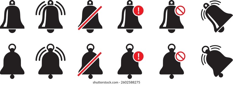 Notification Bell Icon Set. Reminder, Alert, Incoming Message, Subscribe, Alarm, Push Notification, Chat, Sound, Ringing, Vibrate, Warning, Attention Symbol. Bell icon symbol Vector Illustration EPS10