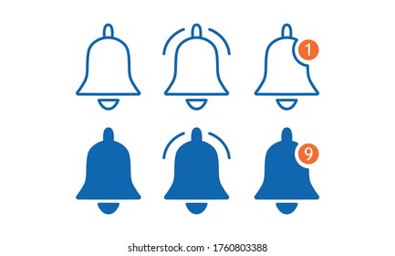 Icono de timbre de notificación en fondo blanco. Llamando al timbre para el mensaje entrante de la bandeja de entrada. Establece símbolos de timbre para web, aplicación. Color azul de contorno. Redes sociales de ilustración de vector