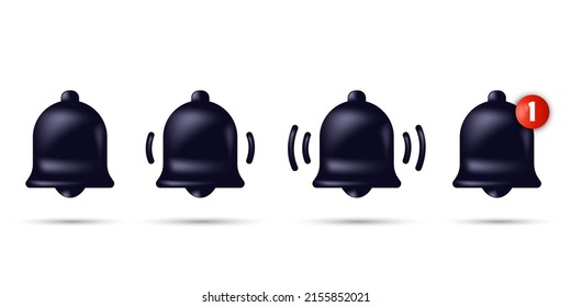 Notification bell icon set. The ringing bell vibrates to warn of the upcoming show. Vector illustration isolated on white background