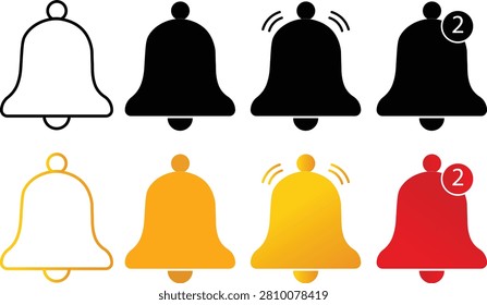 Notification bell icon set, ringing bell with badge number. push notifications, reminder alerts, and message updates, simple and modern vector

