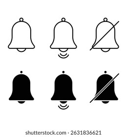 Notification bell icon set.  Bell rings sign in line and flat style. Vector illustration. 