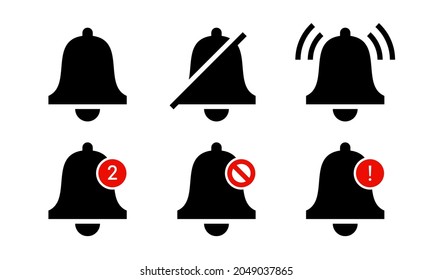 Conjunto de iconos de timbre de notificación. Alerta de icono de timbre de silueta. Adecuado para el diseño de elemento de recordatorio de aplicación de información de cuenta.