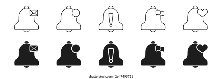 Ícone Da Campainha De Notificação Definido Com Vários Símbolos. Alertas Para Mensagens, Atualizações E Outline De Interações Sociais E Coleção De Símbolos Sólidos. Indicadores de comunicação. Ilustração de vetor isolada.