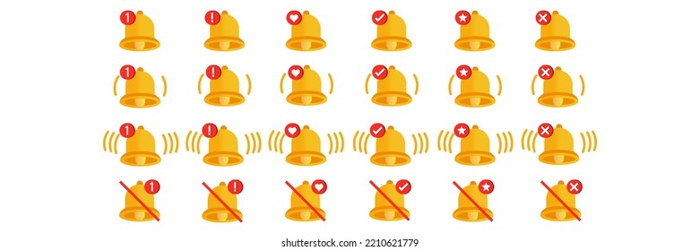 Notification bell icon set. Vector ringing bell icon and notification sign for alarm clock and smartphone application alert or new message.