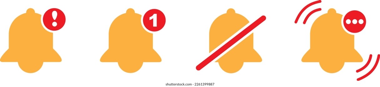 Notification bell icon set. Vector ringing bell icon and notification sign for alarm clock and smartphone application alert or new message. For your web site design, logo, app, UI vector eps 10