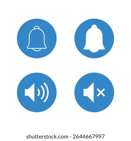 Ícone da campainha de notificação e conjunto de ícones de volume de som, Ícone de som, símbolo de volume, sinal de alto-falante, relógio de alarme, ícone de vetor