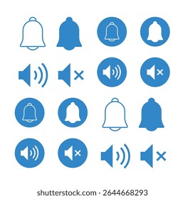 Ícone da campainha de notificação e conjunto de ícones de volume de som, Ícone de som, símbolo de volume, sinal de alto-falante, relógio de alarme, ícone de vetor