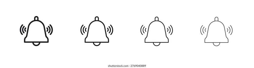 Notification bell icons big set. Simple black stroke line versions collection