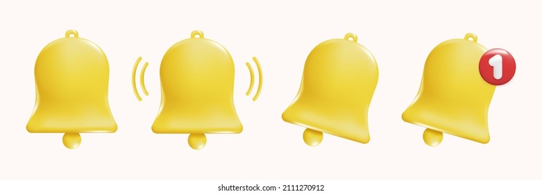 Notification bell icons in cartoon 3d style for UI UX Design. Yellow ringing bell with new notification for social media reminder. Vector illustration isolated on white background.