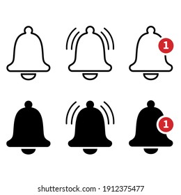 Notification bell icons collection. Alarm or reminder sign in two variants - black and linear. UI button