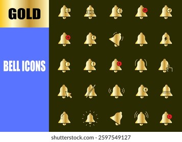 Notification bell icons. Gold alarm sign symbol. ringing bell sign.