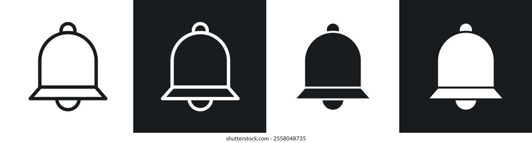 Notification bell icons pack in black and white filled and outlined versions.