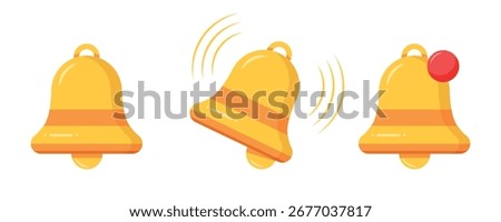 Notification bell icons set with alert symbol. Flat style illustration of three yellow notification bells showing inactive, ringing, and alert states with red dot on white background