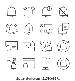 Iconos de timbre de notificación establecidos. Evento, icono del reloj de alarma. Línea con trazo editable