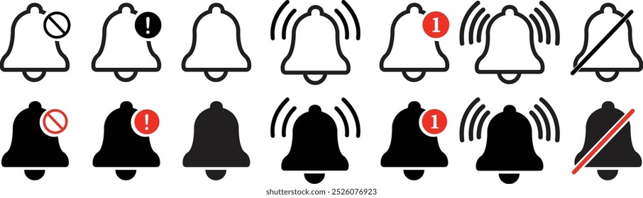 Iconos de campana de notificación establecidos en línea, estilo plano. Símbolo de alarma. Mensaje de la bandeja de entrada entrante. Tocando la campana. Reloj despertador, alerta de aplicación de teléfono inteligente. Elemento de medios sociales aislado sobre fondo transparente.