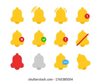 Iconos de timbre de notificación establecidos. Señales de recordatorio o alarma. Elementos de estilo plano.