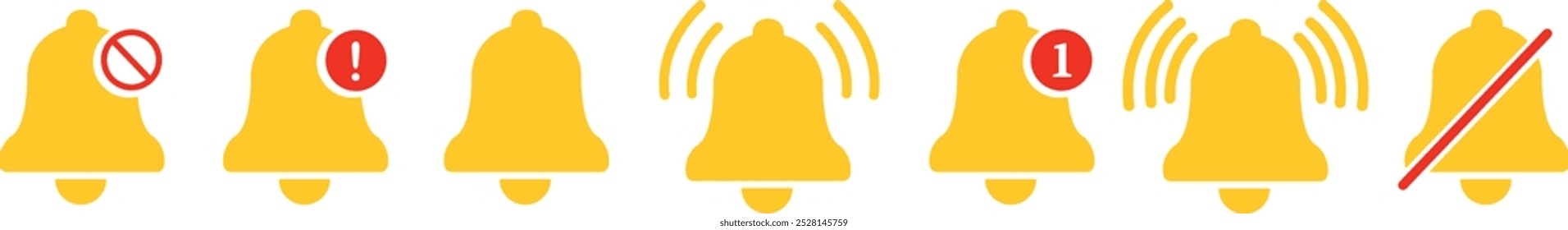 Iconos de la campana de notificación fijados en estilo plano amarillo. Símbolo de alarma. Mensaje de la bandeja de entrada entrante. Tocando la campana. Reloj despertador, alerta de aplicación de teléfono inteligente. Elemento de medios sociales aislado sobre fondo transparente