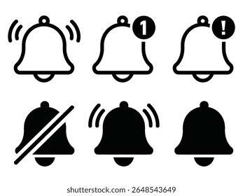 Notification bell icons showcase alerts, unread messages, and sound settings in a vector format for user interfaces.