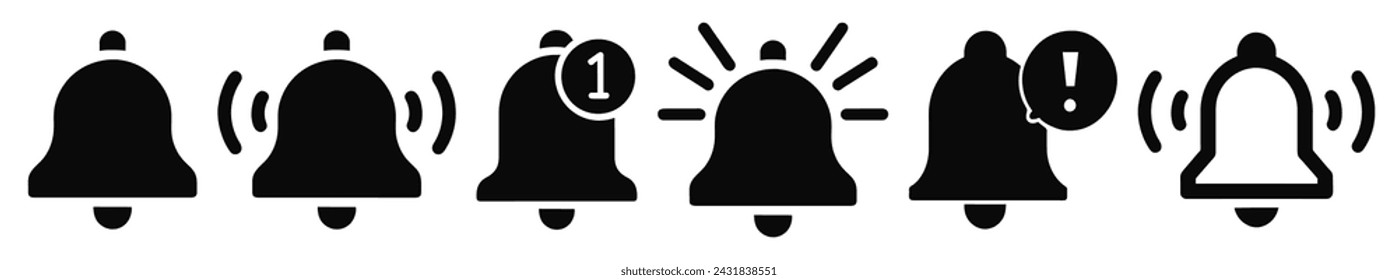 Notification bell icons. Social media notification symbol element. Vector icon set of notification, incoming message, ringing bell in flat style.	
