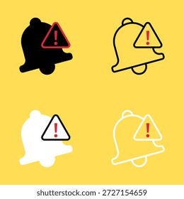 Ícones da Campainha de notificação com emblema de alerta de aviso indicando problemas do sistema ou avisos importantes