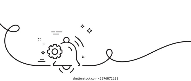 Icono de la línea del timbre de notificación. Una línea continua con curl. Señal de recordatorio de alarma de servicio. Símbolo del mensaje Preferencias. Cinta de contorno simple del timbre de notificación. Patrón de curva de bucle. Vector