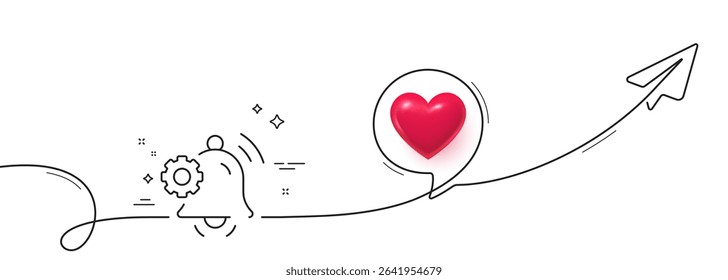 Notification bell line icon. Continuous line with share plane. Service alarm reminder sign. Settings message symbol. 3d heart in speech bubble. Notification bell single line ribbon. Vector