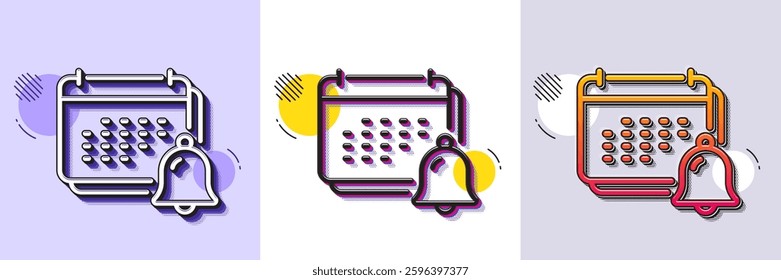 Notification bell line icon. Halftone dotted pattern. Gradient icon with grain shadow. Calendar sign. Event reminder symbol. Line notification icon. Various designs. Vector