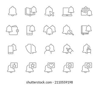 Notification bell line icon set. Mobile notification, message bell, phone alert, inbox message and more.