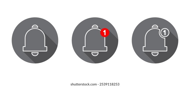 Notification bell line icon set with long shadow. New notice sign symbol