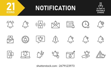 Conjunto de iconos de línea de campana de notificación. Conjunto de 21 iconos de contorno relacionados con la campana, notificación, recordatorio, sonido, alarma, mensaje, alerta y otros. Trazo editable. Ilustración vectorial.