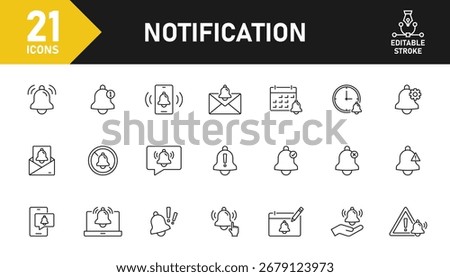 Notification bell line icon set. Set of 21 outline icons related to bell, notification, reminder, sound, alarm, message, alert and others. Editable stroke. Vector illustration.