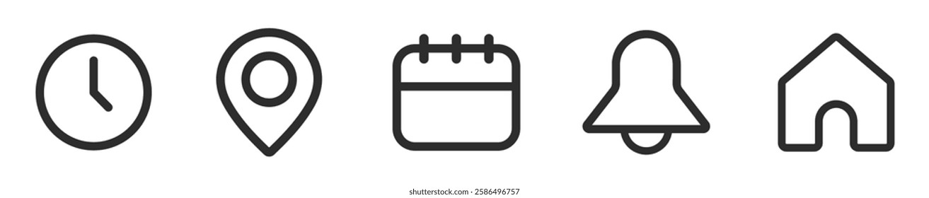 Notification bell, location, date, home and time vector icons set