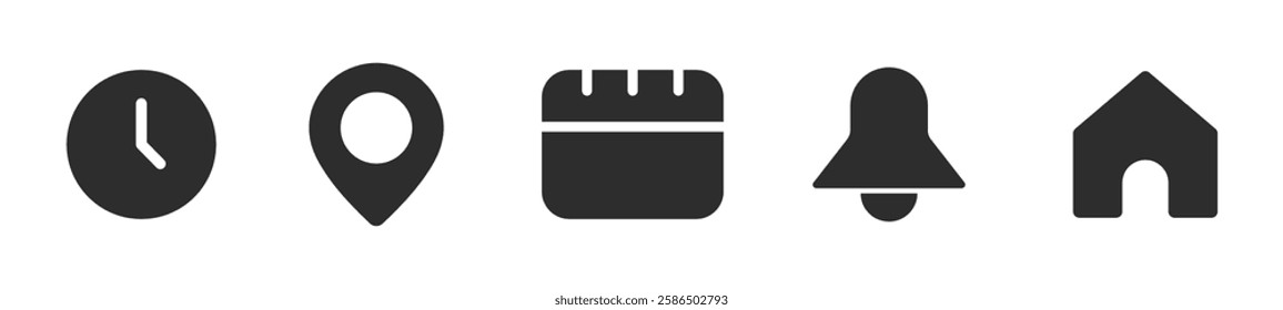 Notification bell, location, date, home and time vector icons