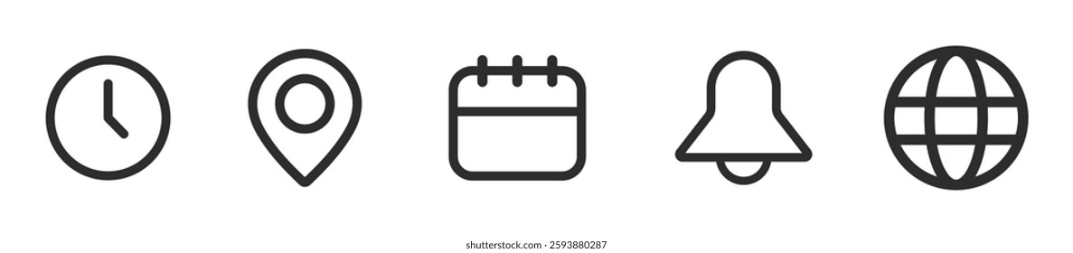 Notification bell, location, date, home, globe and time vector icon designs set.