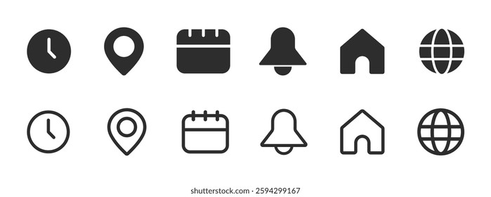 Notification bell, location, date, home, globe and time vector icon concepts. Appointment icons