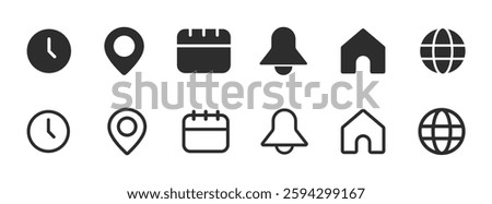 Notification bell, location, date, home, globe and time vector icon concepts. Appointment icons