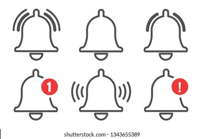 Notification bell. Message alert icon set, vector outline messaging alarm reminder, simple information doorbell ui line icons