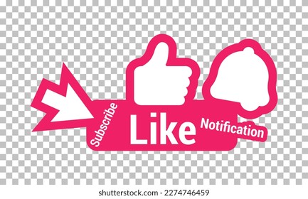 Notification bell, mouse cursor on subscribe, like gesture vector illustration set on transparent. Button Icon set for channel subscription. Template for advertise, blog, you site blogging. Promotion