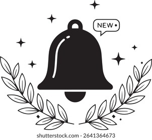 Notification Bell and "New" Dot Silhouette, Black and White Line Art