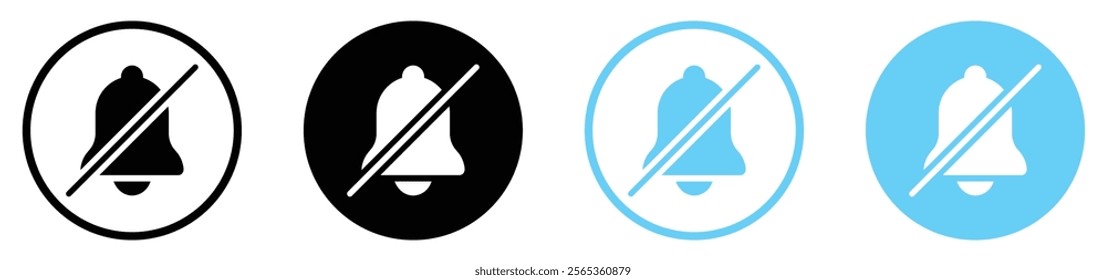 Notification bell off icon set black and blue color. Set of notification bell off symbol different style. Silence notification bell. Mute notification bell icon set. Flat design. Vector illustration.