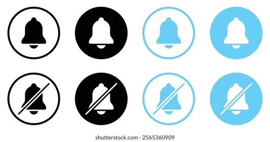 Notification bell off or on icon set black and blue color. Set of notification symbol in different style. Turn off and on, Mute or unmute notification bell icon set. Flat design. Vector illustration.