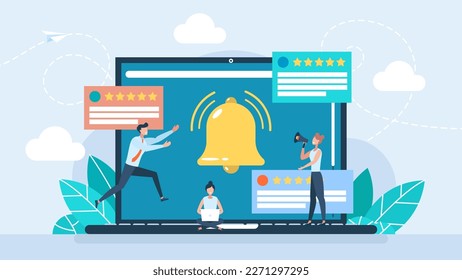 Notification bell on laptop screen. Messages for incoming inbox. Computer online chat notices. Desktop pc with chatting bubble notifications, messaging, online communication. Vector illustration